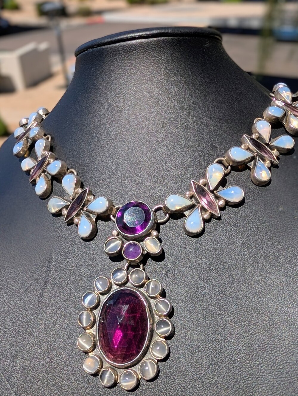 FEDERICO JIMENEZ Sterling Silver Amethyst & Opal Butterfly Statement Necklace